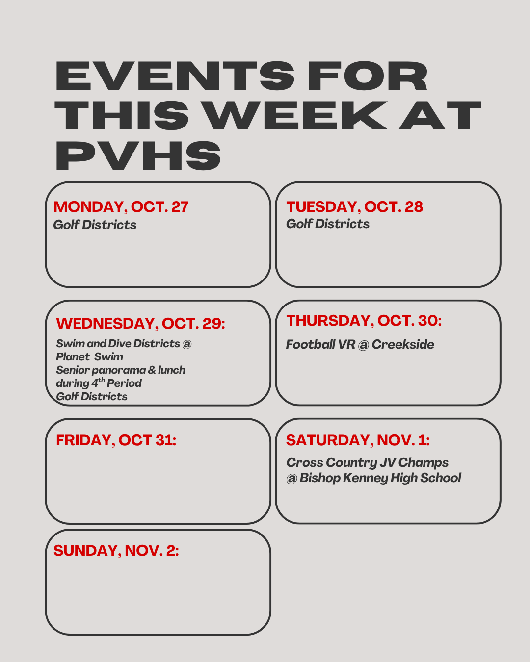 Events for Week of 10/27 at Ponte Vedra High School